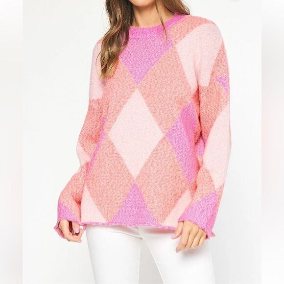 Entro Pink Orange Argyle Pullover Sweater Size M - Picture 1 of 13